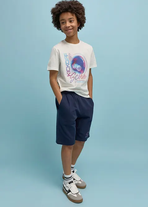 T-Shirt und Sweat-Bermuda aus reiner Bio Baumwolle (2-tlg.Set) in weiß von vorne (Totalaufnahme) - bonprix