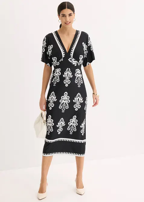 Jerseykleid mit tiefem Ausschnitt in schwarz im Look von vorne (Totalaufnahme) - bonprix