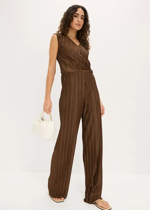 Palazzo-Hose aus strukturiertem Plissee in braun im Look von vorne (Totalaufnahme) - bonprix
