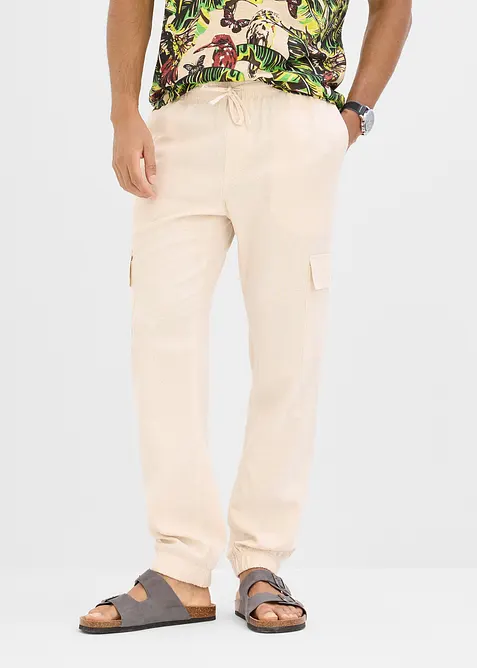 Cargo-Joggpants aus Leinen-Mix in Regular Fit in beige von vorne - bonprix