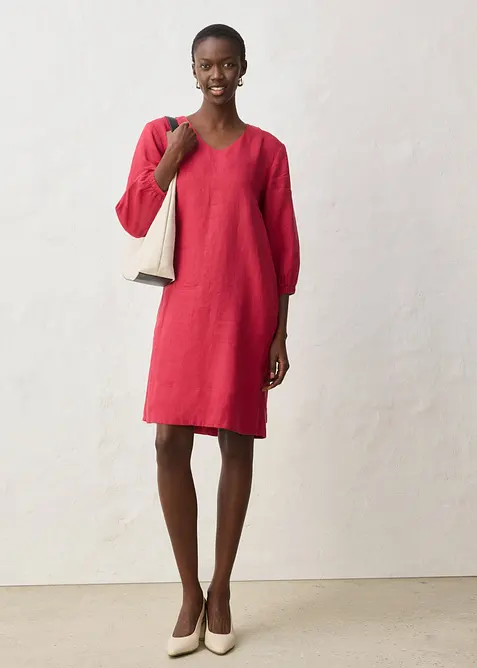 Kleid aus reinem Leinen und 3/4 Arm in rot im Look von vorne (Totalaufnahme) - bonprix