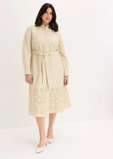 Hemdblusenkleid mit Lochstickerei in beige von vorne (Totalaufnahme) - bonprix