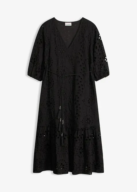 Midikleid aus reiner Baumwolle mit Lochstickerei in schwarz von vorne - bonprix