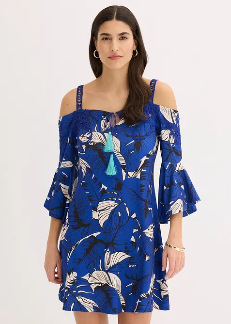 Ausgestelltes Carmen-Kleid in blau von vorne (Totalaufnahme) - bonprix