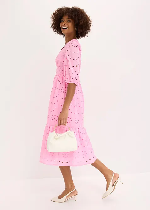 Lochstickerei-Midikleid aus reiner Baumwolle in rosa im Look von vorne (Totalaufnahme) - bonprix