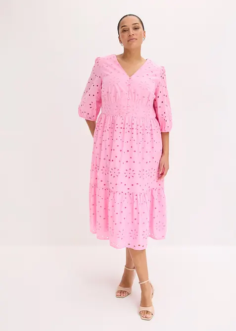 Lochstickerei-Midikleid aus reiner Baumwolle in rosa von vorne (Totalaufnahme) - bonprix
