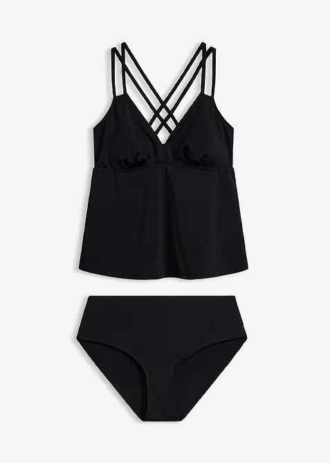 Tankini mit gekreuzten Trägern aus schnelltrocknendem Material (2-tlg.Set) in schwarz von vorne - bonprix