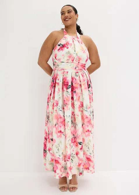 Neckholder-Kleid aus strukturiertem Crepe in weiß von vorne (Totalaufnahme) - bonprix