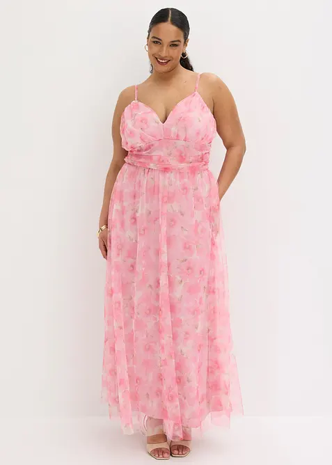 Maxikleid aus zartem Tüll mit Drapierung in weiß von vorne (Totalaufnahme) - bonprix