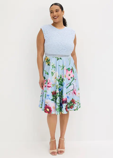 Midikleid mit Spitze in blau von vorne (Totalaufnahme) - bonprix