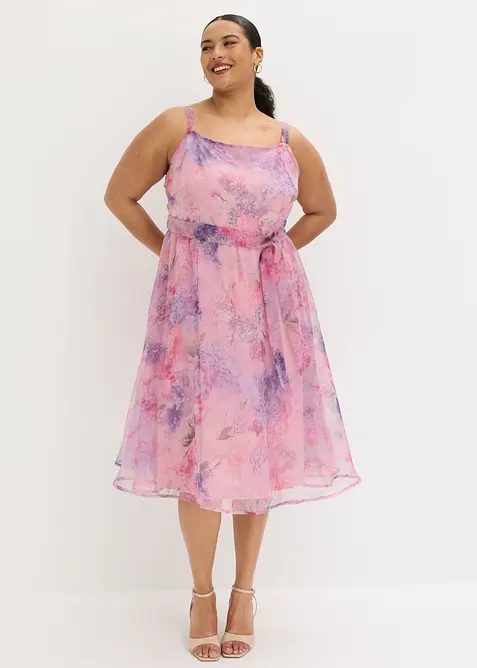 Midikleid aus zartem Tüll mit Bindeband in weiß von vorne (Totalaufnahme) - bonprix