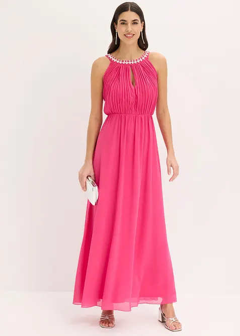 Maxikleid aus feinem Chiffon mit Drapierung in pink im Look von vorne (Totalaufnahme) - bonprix