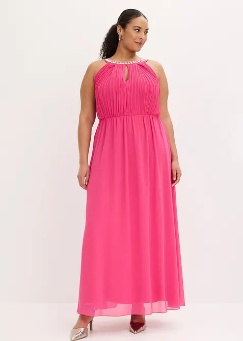 Maxikleid aus feinem Chiffon mit Drapierung in pink von vorne (Totalaufnahme) - bonprix
