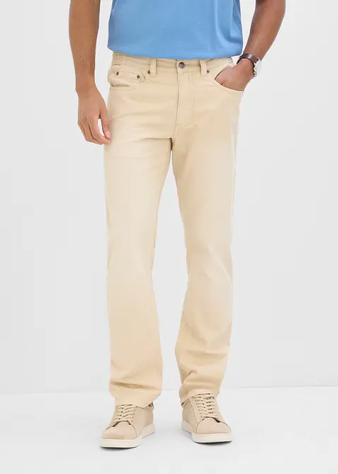 Leichte Regular Fit Jeans mit Dehnbund aus colored Denim, Straight in beige von vorne - bonprix