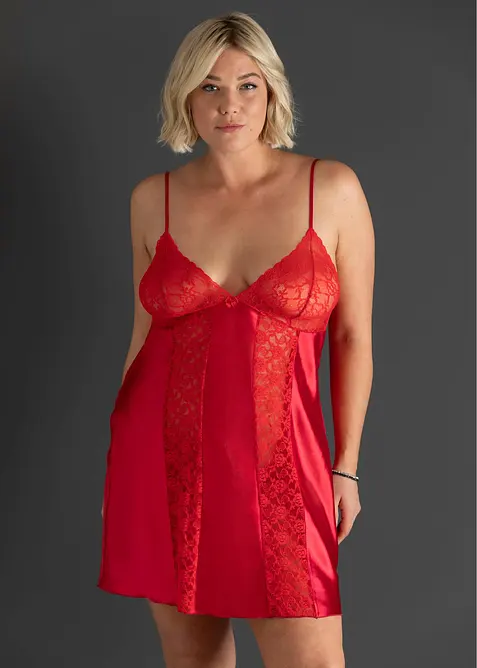 Satin Negligé in rot von vorne (Totalaufnahme) - bonprix