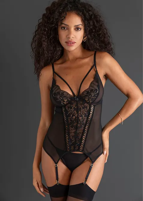 Corsage mit Strapshaltern und String (2-tlg.Set) in schwarz von vorne (Totalaufnahme) - bonprix