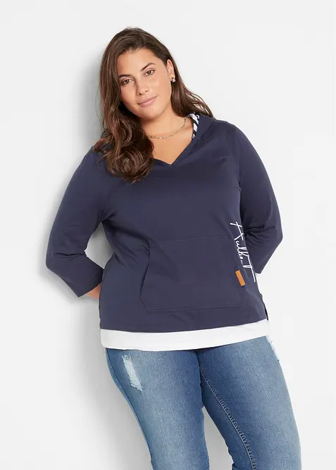 Kapuzen-Shirt, 3/4-Arm aus reiner Baumwolle in blau von vorne (im Anschnitt) - bonprix