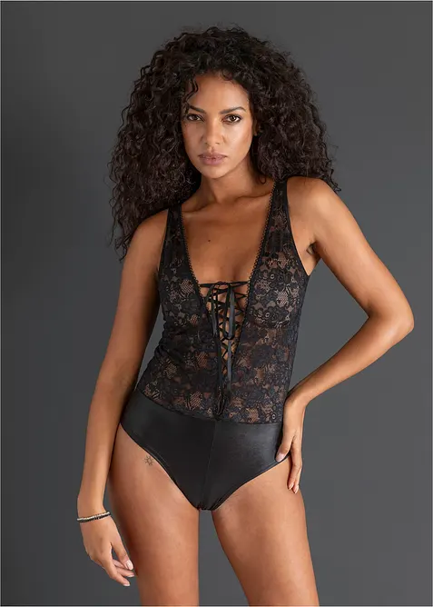 Body ouvert mit Wetlook in schwarz von vorne (Totalaufnahme) - bonprix