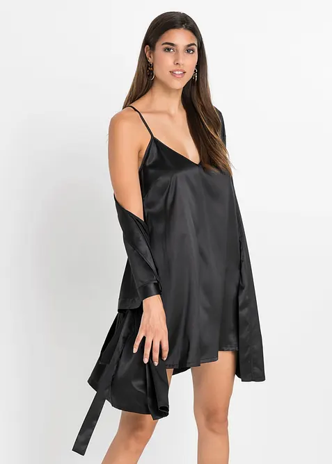 Morgenmantel-Set: Kimono + Negligé (2-tlg.Set) in schwarz von vorne (Totalaufnahme) - bonprix