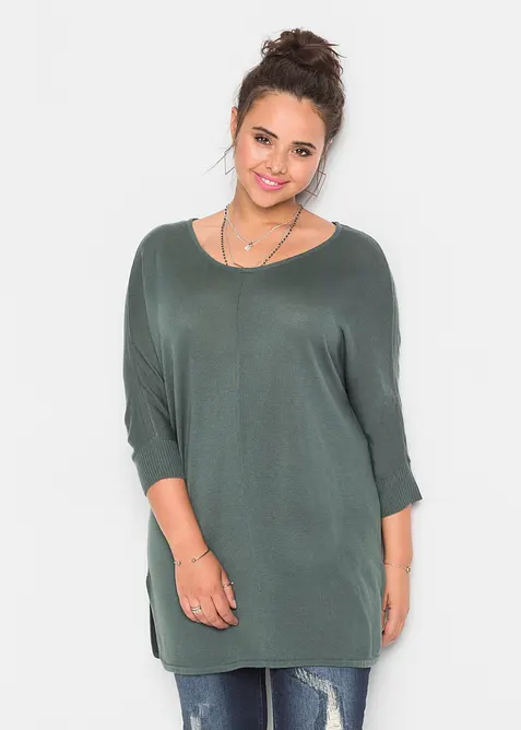 Feinstrickpullover mit 3/4 Arm in grün von vorne (im Anschnitt) - bonprix