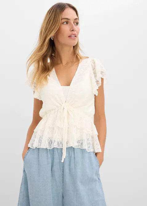 Kurzes Spitzenshirt in weiß von vorne (im Anschnitt) - bonprix