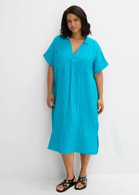 Musselin-Kaftan aus reiner Baumwolle in blau von vorne (Totalaufnahme) - bonprix