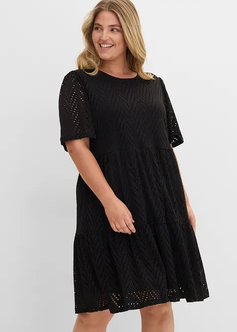 Shirtkleid mit Lochstickerei aus Borkenkrepp in schwarz von vorne (Totalaufnahme) - bonprix