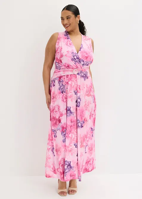 Maxikleid aus feinem Jersey mit Accessoir-Detail in rosa von vorne (Totalaufnahme) - bonprix