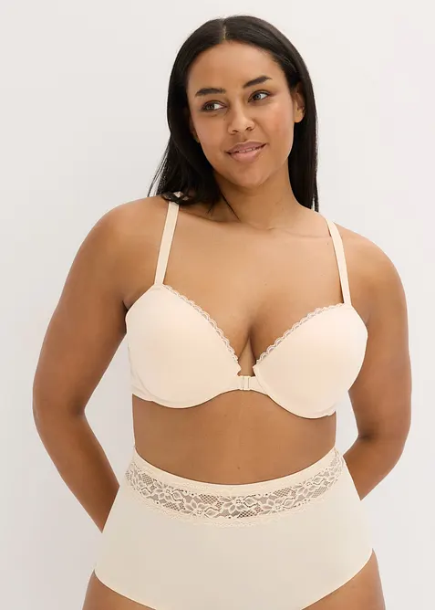 Vorderverschluss-Schalen BH  mit Bügel mit Baumwolle in beige von vorne (im Anschnitt) - bonprix