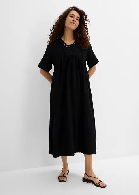 Midikleid aus strukturiertem Musselin in schwarz von vorne (Totalaufnahme) - bonprix