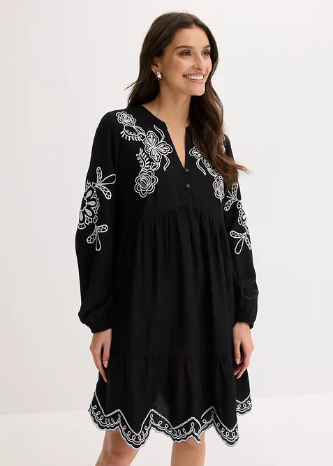 Tunika-Kleid aus fließender Viskose mit Stickerei in schwarz von vorne (Totalaufnahme) - bonprix