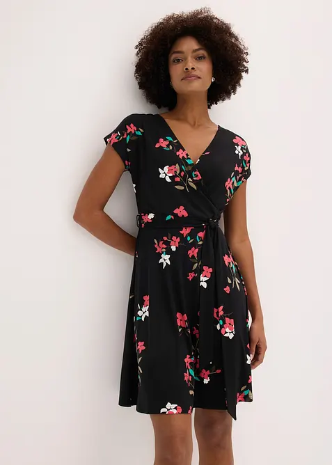Jerseykleid in Wickeloptik in schwarz von vorne (Totalaufnahme) - bonprix