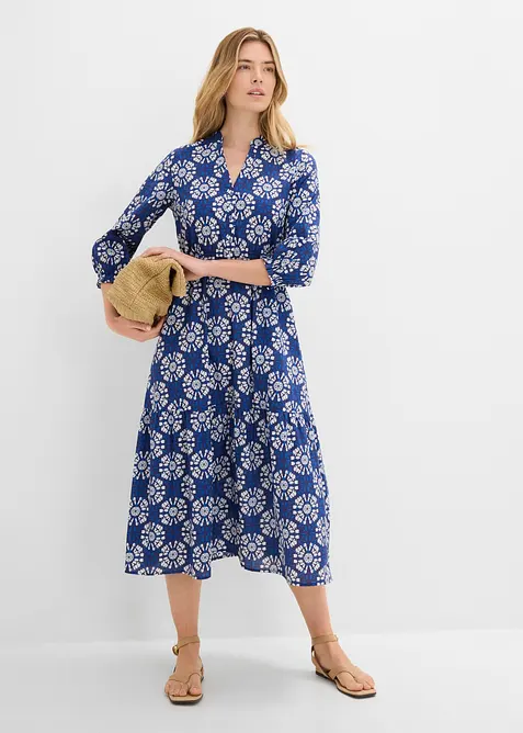 Weites Midikleid aus reiner Bio-Baumwolle in blau im Look von vorne (Totalaufnahme) - bonprix