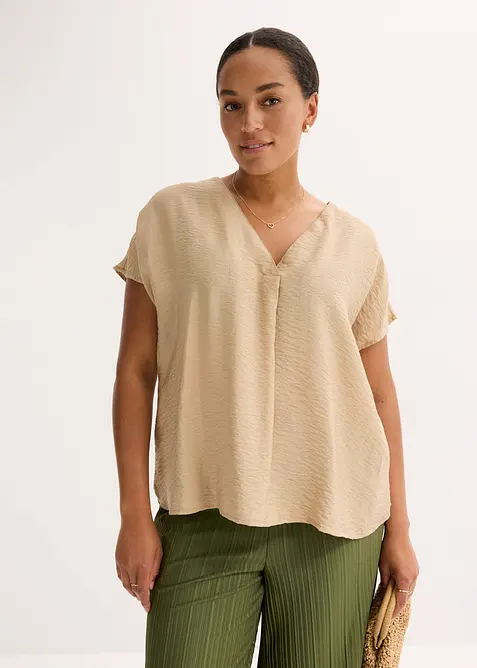 Tunikabluse aus fließendem Viskose-Mix in beige von vorne (im Anschnitt) - bonprix