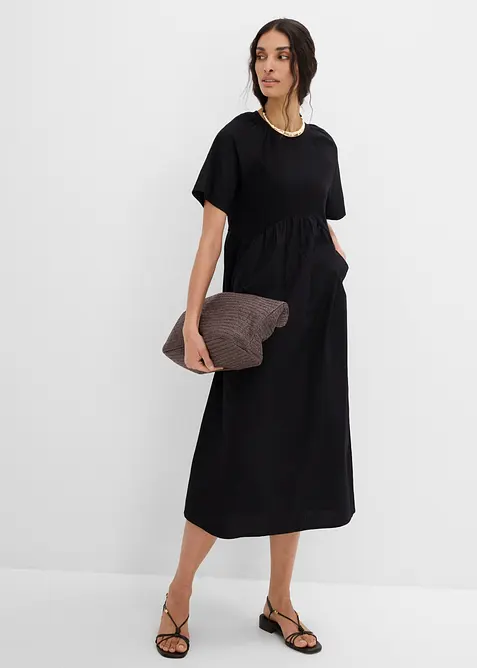 Midikleid mit Warenmix aus reiner Baumwolle in schwarz im Look von vorne (Totalaufnahme) - bonprix