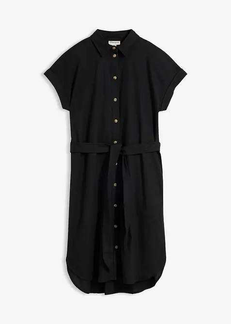 Hemdblusenkleid mit Leinenanteil und Bindegürtel in schwarz von vorne - bonprix