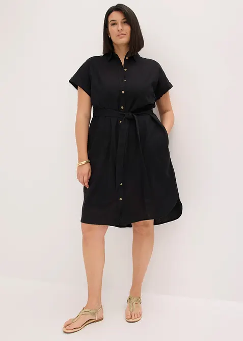Hemdblusenkleid mit Leinenanteil und Bindegürtel in schwarz von vorne (Totalaufnahme) - bonprix