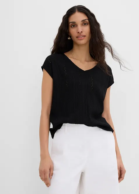 Shirtbluse mit Lochmuster in schwarz von vorne (im Anschnitt) - bonprix