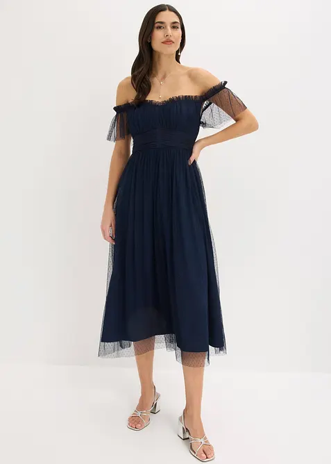 Maxikleid aus zartem Tüll in blau im Look von vorne (Totalaufnahme) - bonprix