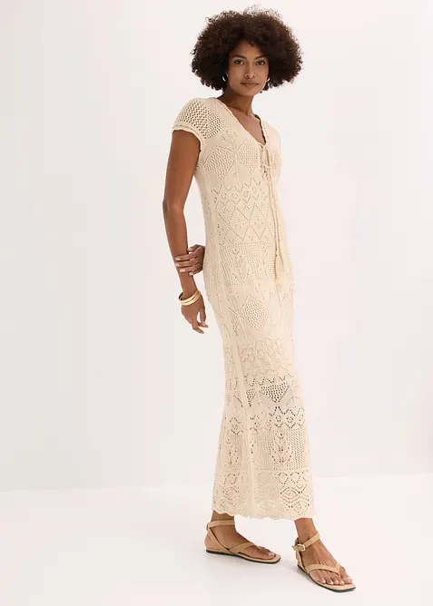 Strickkleid mit Ajour-Muster in beige im Look von vorne (Totalaufnahme) - bonprix