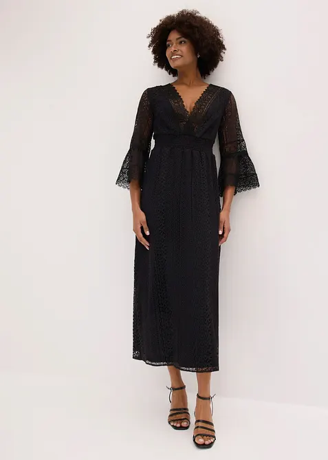 Maxikleid in Crochet-Optik und Spitzendetails in schwarz im Look von vorne (Totalaufnahme) - bonprix