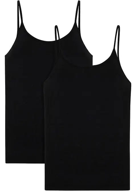 Spaghettiträger-Top aus reiner Bio-Baumwolle (2er Pack) in schwarz von vorne - bonprix