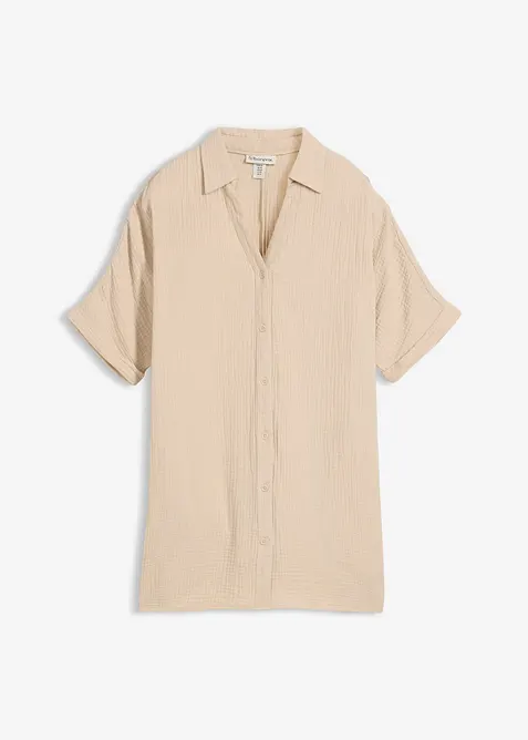 Musselin-Oversize-Longbluse aus reiner Baumwolle in beige von vorne - bonprix