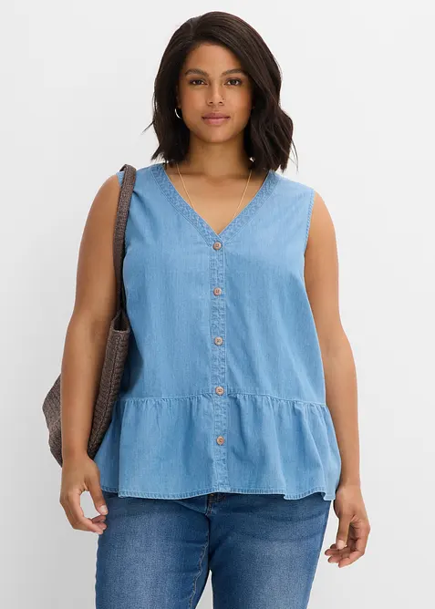 Jeans-Blusentop aus Bio-Baumwolle in blau von vorne (im Anschnitt) - bonprix