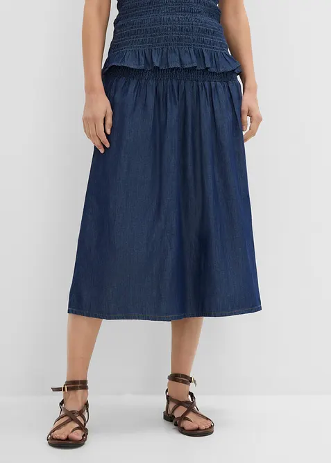 Jeansrock Midi, Gummibund in blau von vorne - bonprix