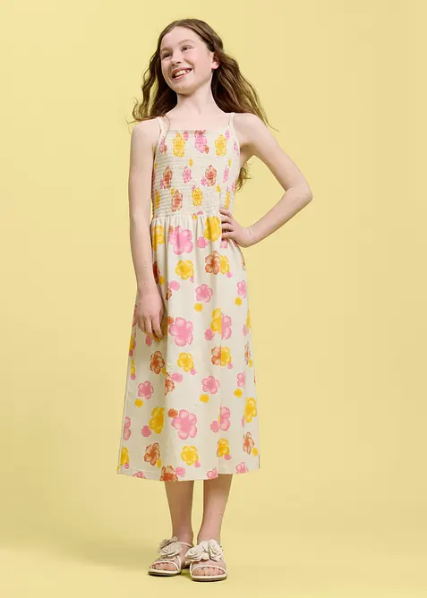 Jerseykleid aus elastischem Bio-Baumwoll-Mix in beige von vorne (Totalaufnahme) - bonprix
