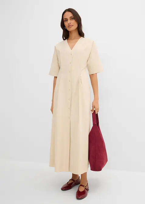 Midikleid aus reiner Baumwolle in beige im Look von vorne (Totalaufnahme) - bonprix