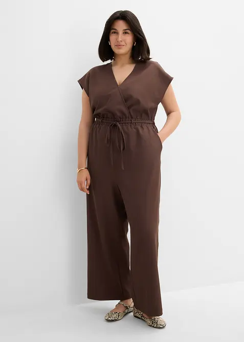 Kurzarm-Jumpsuit in braun von vorne (Totalaufnahme) - bonprix