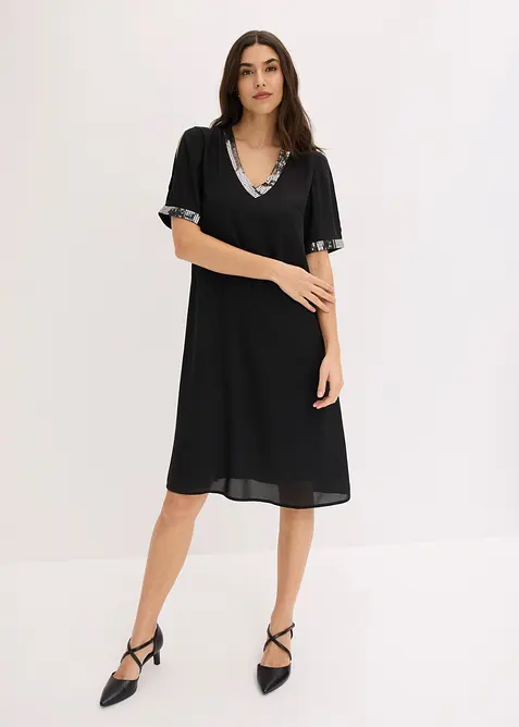 Chiffonkleid mit Pailletten in schwarz von vorne (Totalaufnahme) - bonprix
