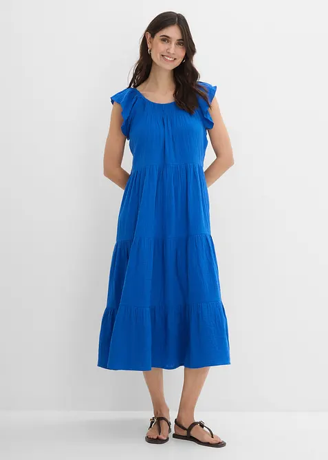 Musselin-Midikleid aus reiner Baumwolle in blau von vorne (Totalaufnahme) - bonprix